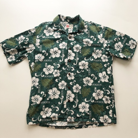 Vintage Hilo Hatie Hawaiian Aloha Shirt Green with White Hibiscus Large - Picture 1 of 6